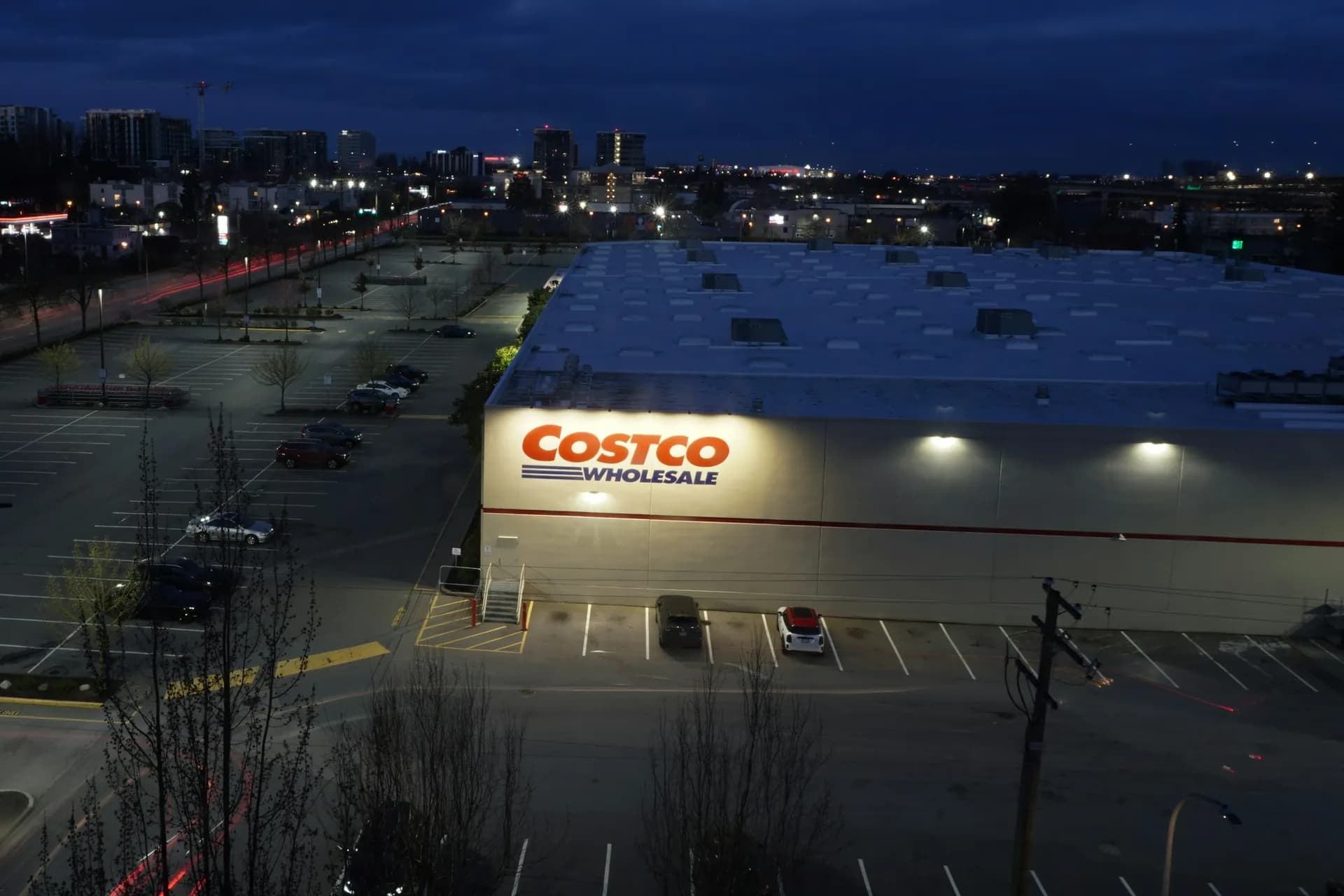 A Costco Wholesale store in Richmond, B.C., at dusk