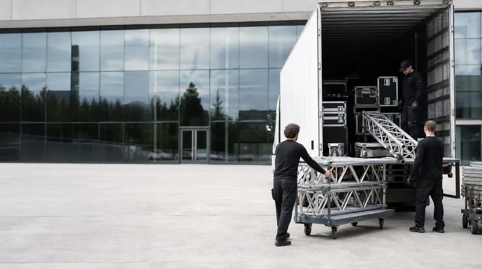 Stage truss unloaded at a convention centre dock