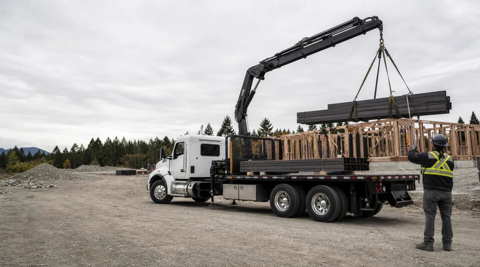 Hiab boom-lift truck unloading steel at a construction site