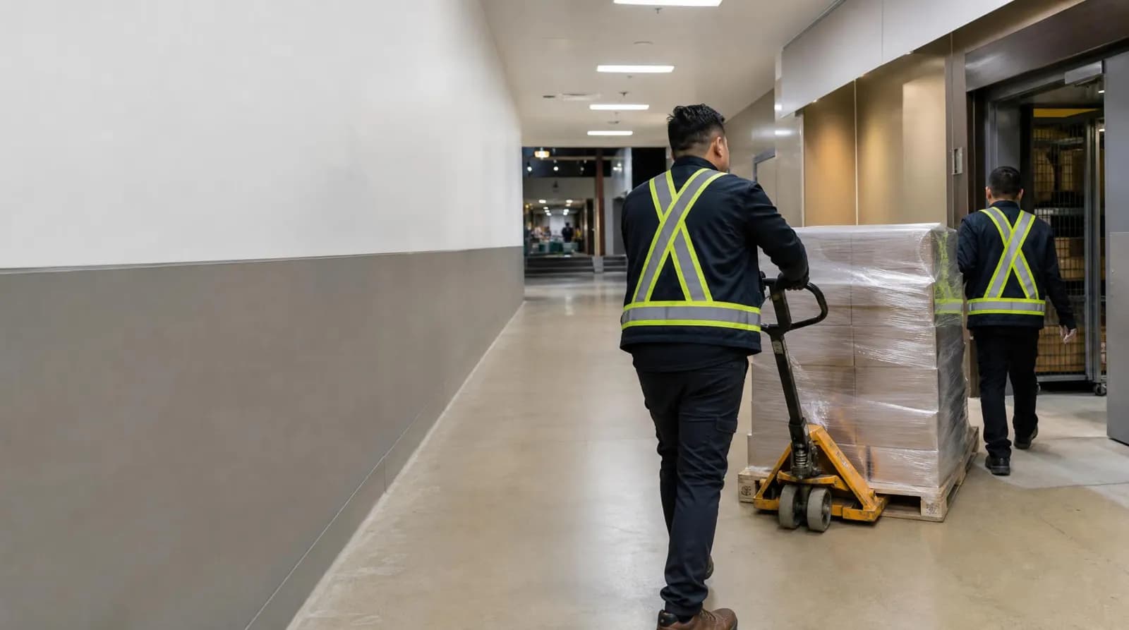 Pallet of retail cartons wheeled through a mall service corridor