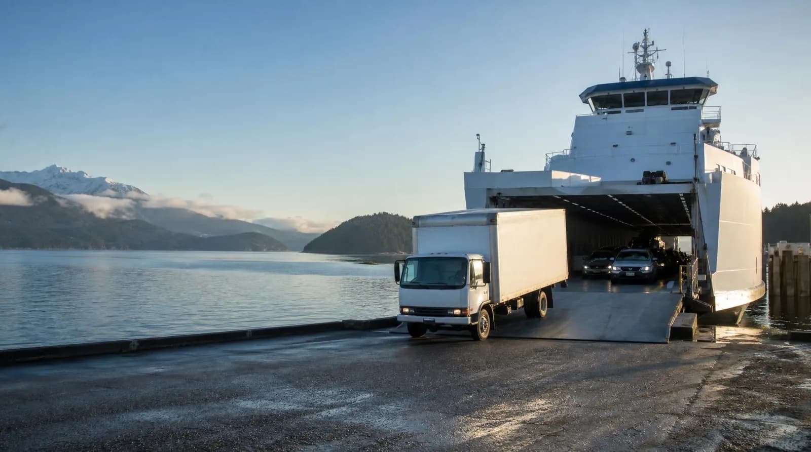 Straight truck driving off a ferry at a BC terminal