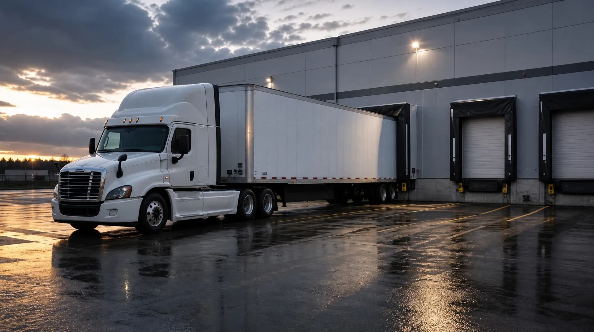 Rolls Right tractor and trailer at a dock at dusk