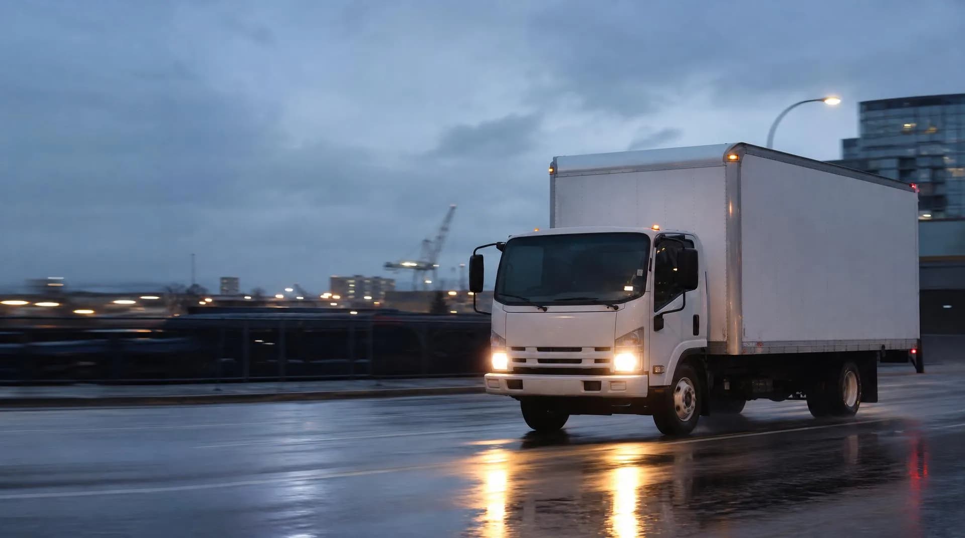 Straight truck on an evening delivery in the Lower Mainland