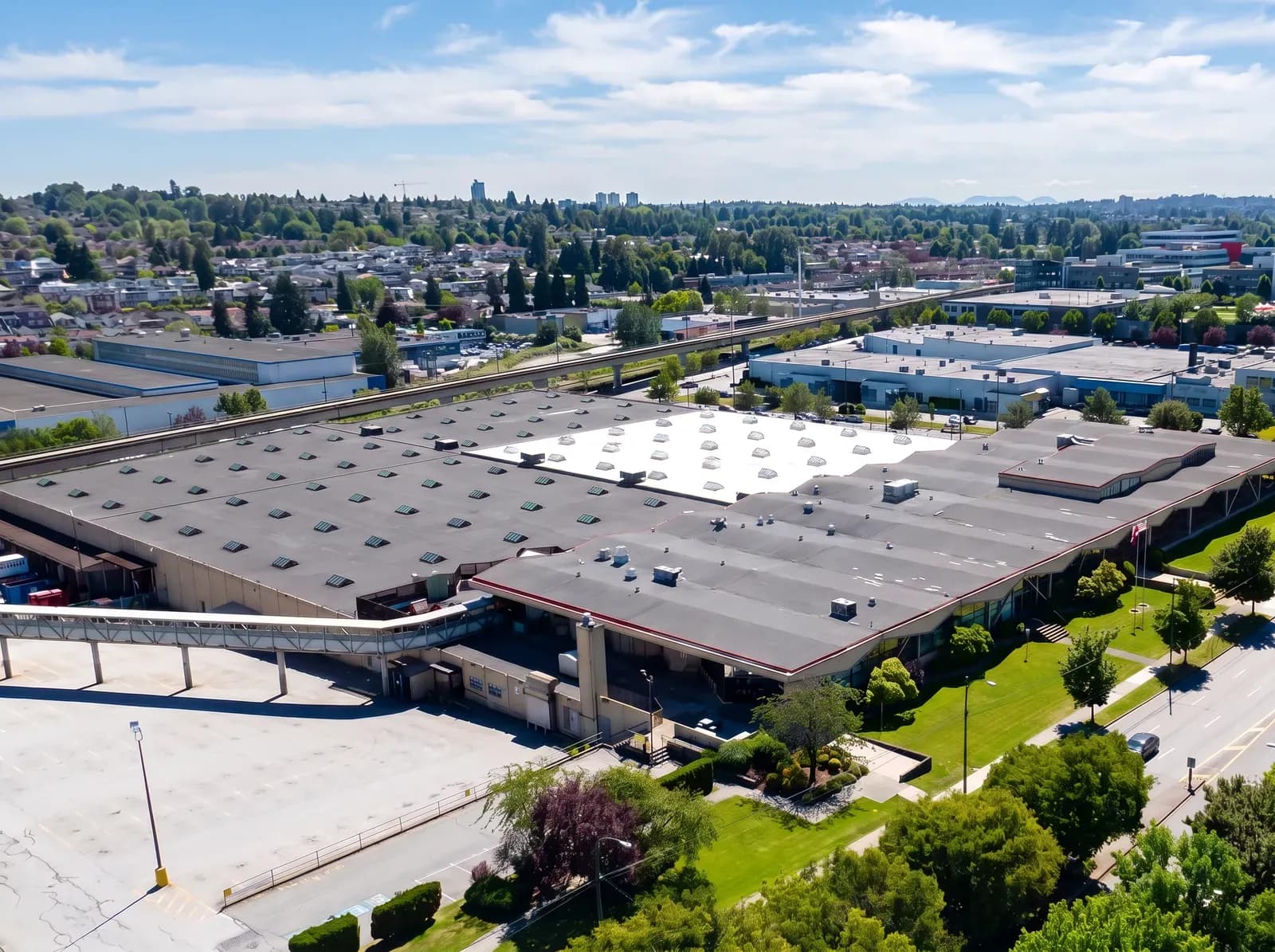 Aerial view of the Rolls Right warehouse on East Broadway, Vancouver