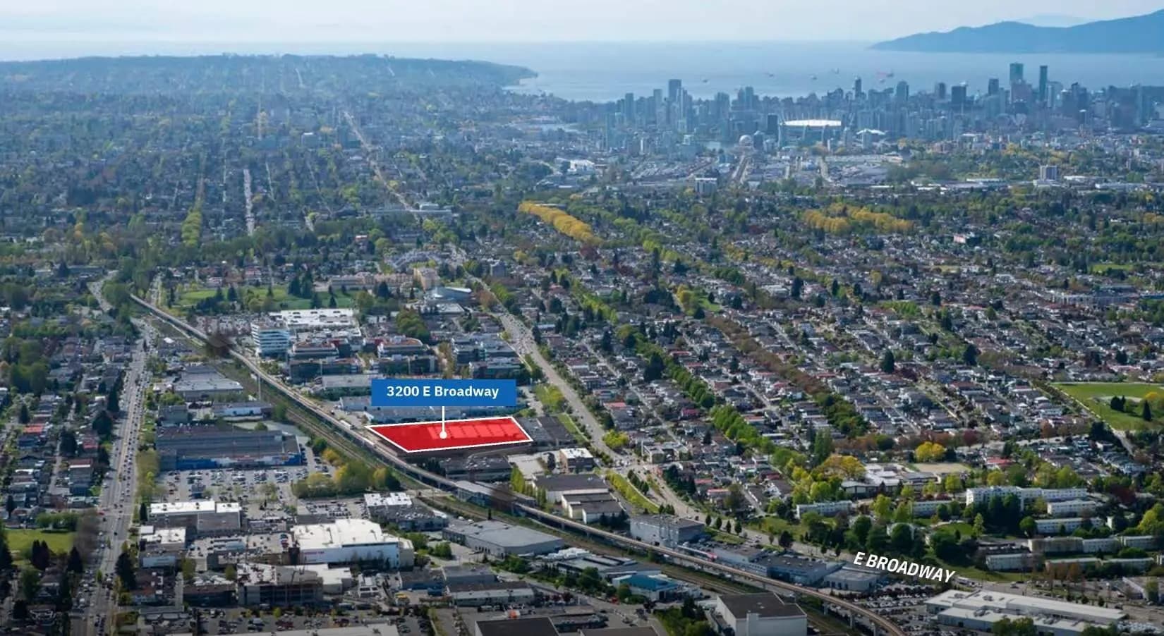 Aerial view of East Vancouver with the 3200 E Broadway site marked