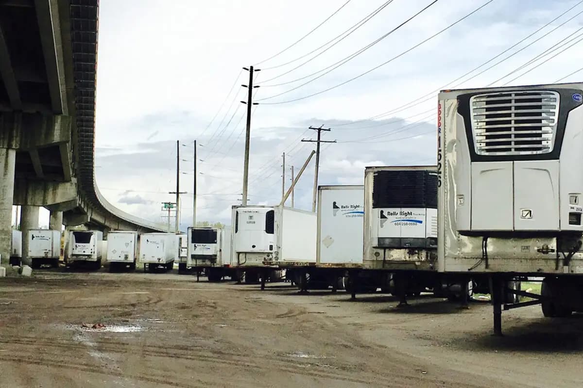 Refrigerated trailers lined up in the yard