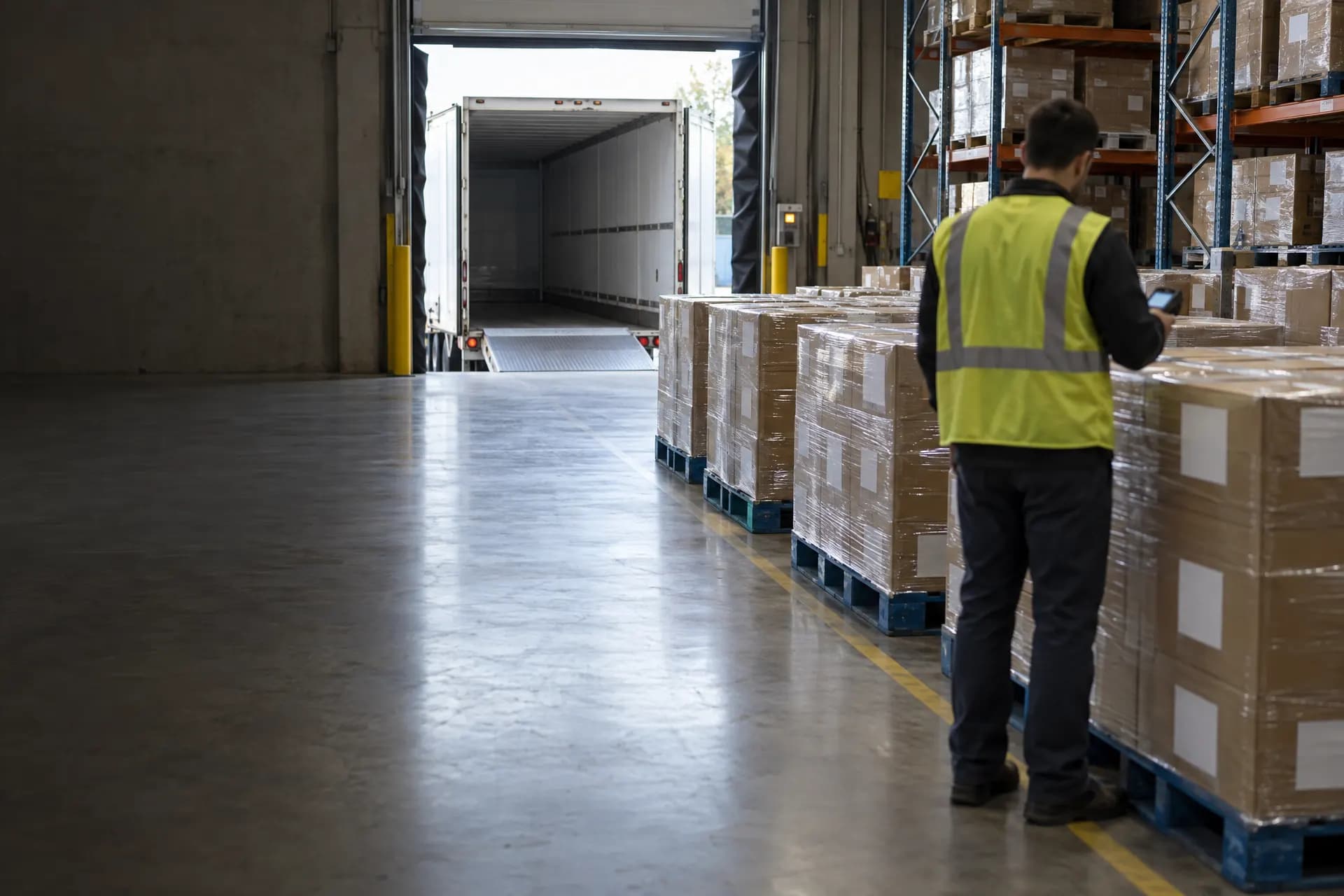 Shrink-wrapped pallet loads on blue block pallets in a warehouse staging lane, with a trailer open at the dock door