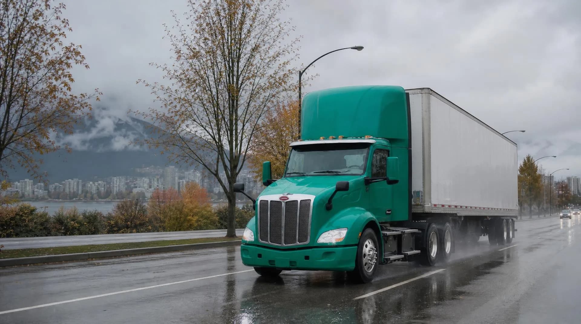 Battery-electric truck hauling a trailer through Vancouver