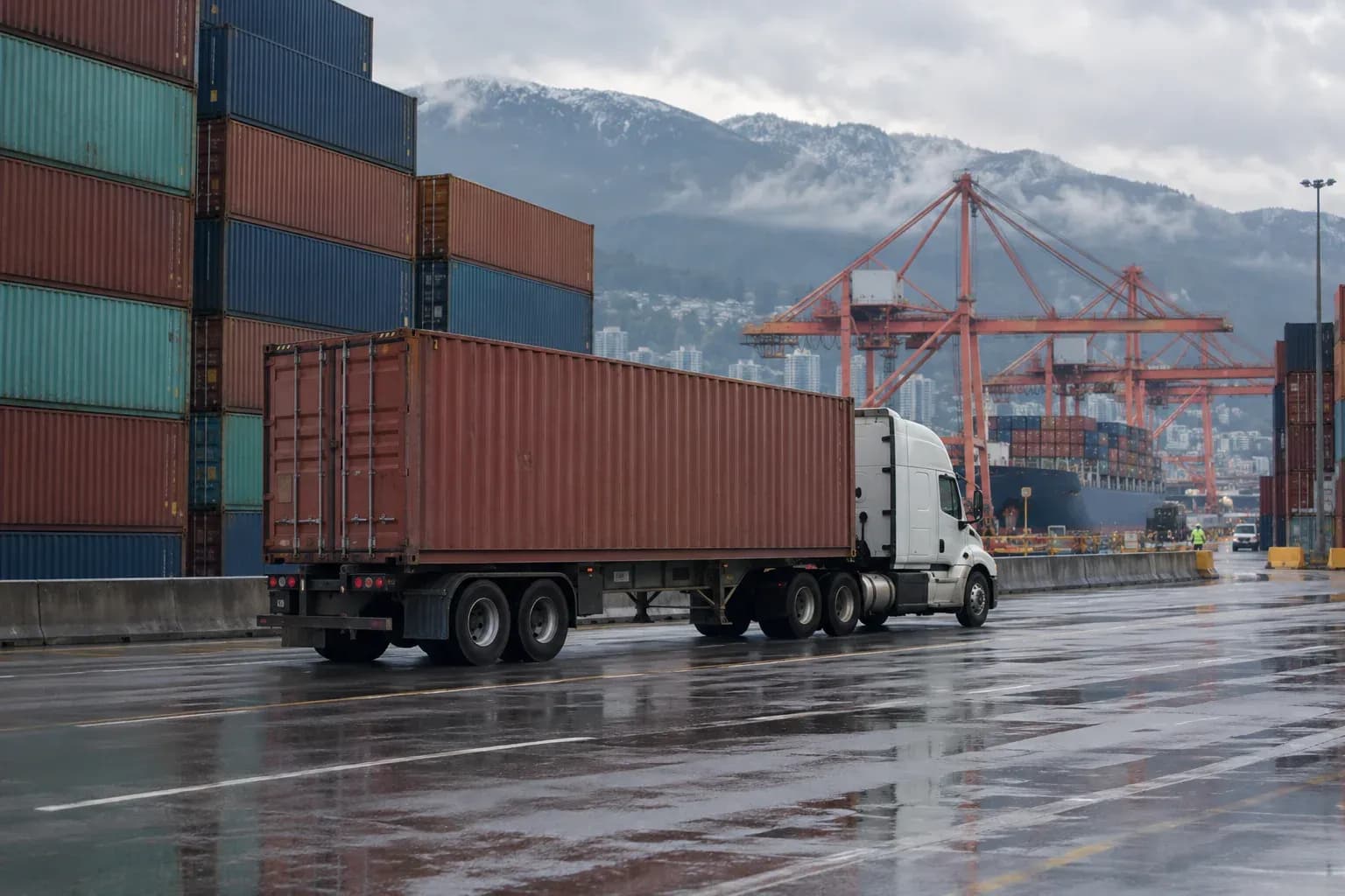 A white semi truck hauls a rust-red shipping container along a wet road past stacked containers and orange gantry cranes at a port, with snow-dusted mountains and a city skyline in the background.